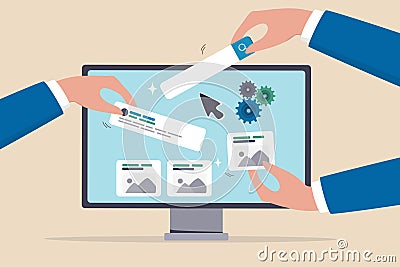 Build website with template customization, SEO optimization for search result, develop app or wireframe, customizable software Vector Illustration