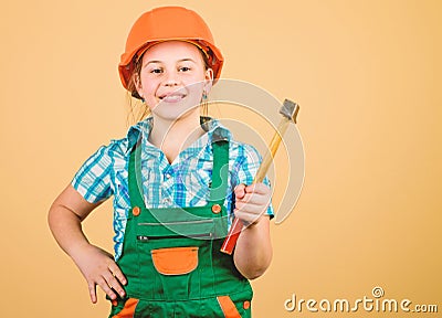 Build your future yourself. Initiative child girl hard hat helmet builder worker. Tools to improve yourself. Child care Stock Photo