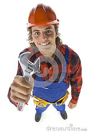 Builder with adjustable wrench Stock Photo