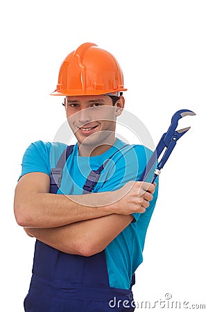 Builder with adjustable wrench Stock Photo