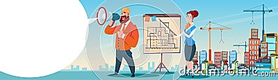 Builder Architect Workers Boss Hold Megaphone Present Architecture Drafting City Building Background Vector Illustration