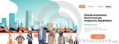 Builder architect workers mix race team business man woman building helmet city building cityscape background flat Vector Illustration