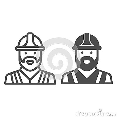 Builder with beard in helmet line and solid icon, profession concept, constructor man worker vector sign on white Vector Illustration