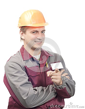 Builder with blank name tag Stock Photo