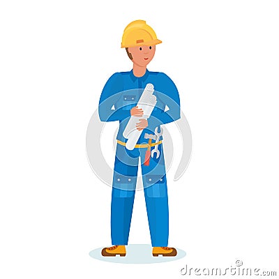 Builder in branded clothes with tools and drawings in hand. Vector Illustration