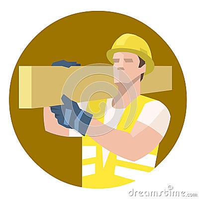 Builder carpenter carrying heavy wooden plank on shoulder Vector Illustration