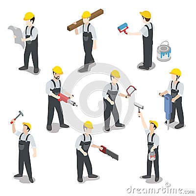 Builder carpenter construction worker flat 3d isometric vector Vector Illustration