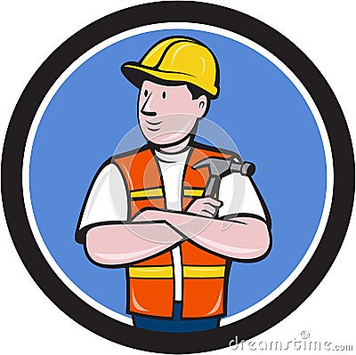 Builder Carpenter Folded Arms Hammer Circle Cartoon Vector Illustration