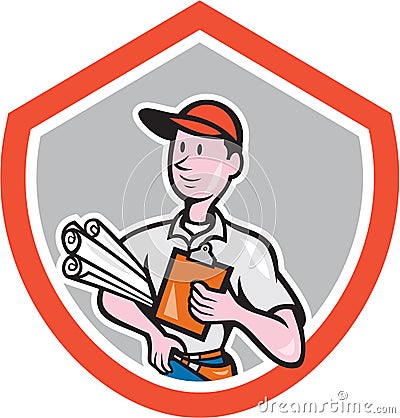 Builder Carpenter With Plans Shield Cartoon Vector Illustration