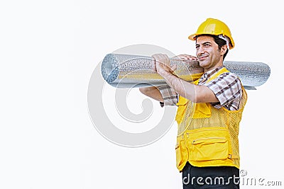 Builder is carrying insulation rolls on white background Stock Photo