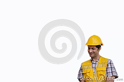 Builder is carrying insulation rolls on white background Stock Photo