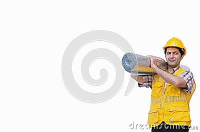 Builder is carrying insulation rolls on white background Stock Photo