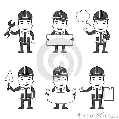 Builder characters set black Vector Illustration