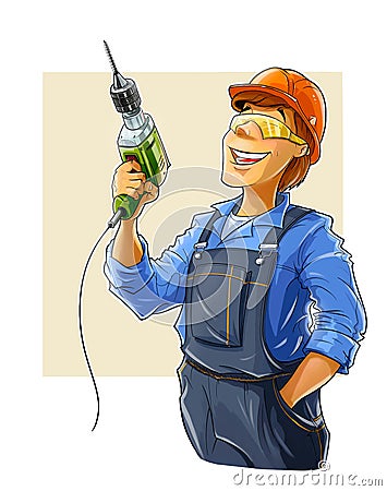 Builder with drill Cartoon Illustration