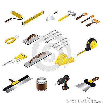 Builder hand isometric repair tool handyman on home build instruments vector illustration isolated on white. Vector Illustration