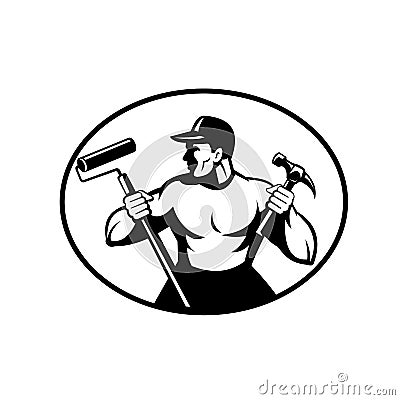 Builder Handyman Painter or Carpenter Holding Hammer and Paint Roller Retro Black and White Vector Illustration