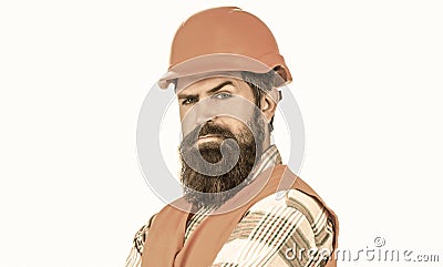 Builder in hard hat, foreman or repairman in the helmet. Man builders, industry. Worker in construction uniform Stock Photo