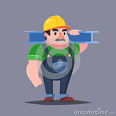 The builder in hardhat with the muscles. Strong man mustache. Cartoon character Stock Photo