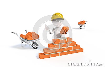 Builder in the helmet with a shovel and bricks Stock Photo