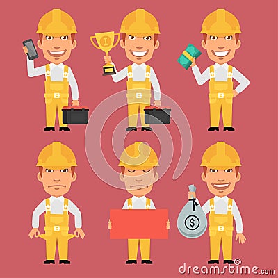 Builder Holds Cup Money Tools Phone Poster Vector Illustration