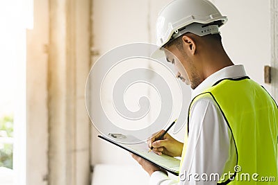 inspection consultancy. Inspector checking material and structure in construction Stock Photo