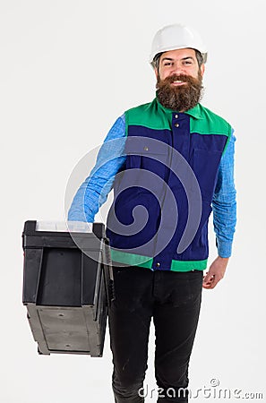 Builder, labourer, mechanic ready to work. Man with beard Stock Photo