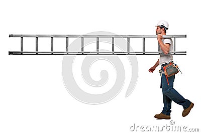 Builder with ladder Stock Photo