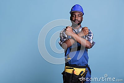 Builder making gesture of declining crossed arms Stock Photo