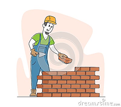 Builder Male Character Wearing Helmet and Uniform Holding Trowel Put Concrete for Laying Brick Wall at Construction Site Vector Illustration