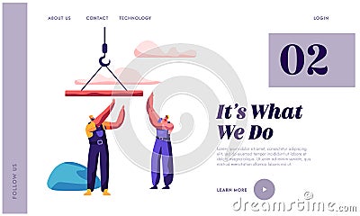 Builder Man Building Architecture Construction Landing Page. Employee Build with Lifting Crane. Engineer Construct in Uniform Vector Illustration