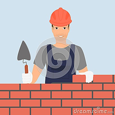 Builder man is building a brick wall Vector Illustration