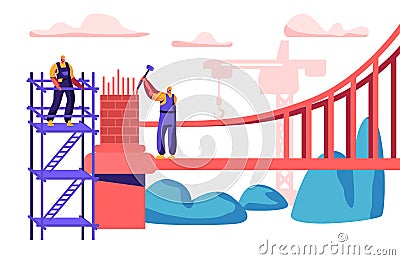 Builder Man Building Bridge with Bricks. Group of Engineer Build Gate with Hammer. Worker in Helmet Construct Standing on Ladder Vector Illustration