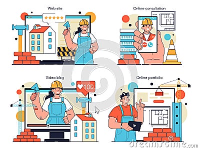 Builder online service or platform set. Workers constructing house Vector Illustration