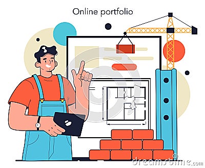 Builder online service or platform. Workers constructing house Cartoon Illustration