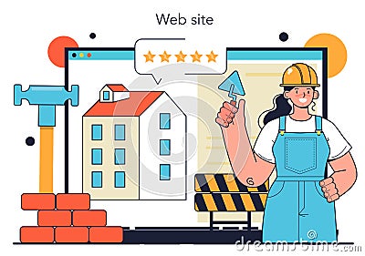 Builder online service or platform. Workers constructing house Cartoon Illustration