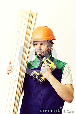 Builder in orange helmet and uniform. Finished work, building concept Stock Photo