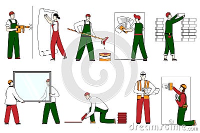 Builder people in helmets, work clothes on building line art vector character illustration isolated on white. Vector Illustration