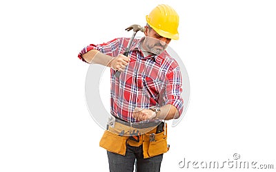 Builder preparing to destroy wristwatch with hammer Stock Photo