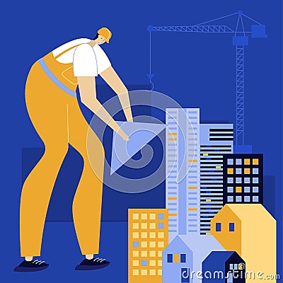 The builder rebuilds Ukrainian city. He strong man in robe and helmet, to do hard work. He hold the construction Vector Illustration