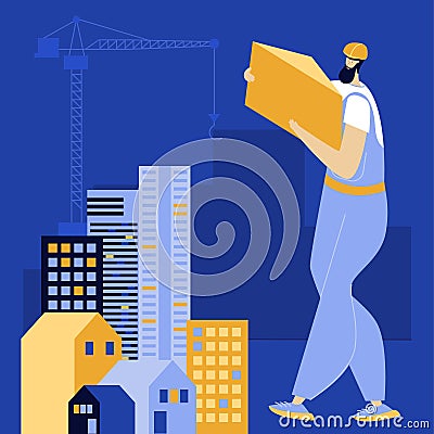 The builder in robe and helmet, to do hard work. He rebuilds Ukrainian city. The strong man in hold the construction Vector Illustration