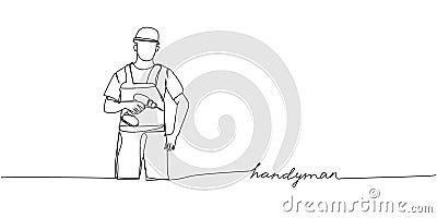 Builder with a screwdriver, handyman, hard hat one line art. Continuous line drawing of repair, professional, hand Cartoon Illustration