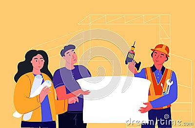 Builder showing and explaining Project building process to inspectors. Supervisor in hard hat at construction site. Foreman Cartoon Illustration