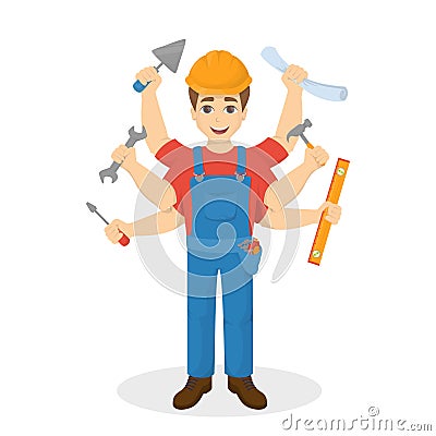 Builder with six hand, Multitasking Vector Illustration