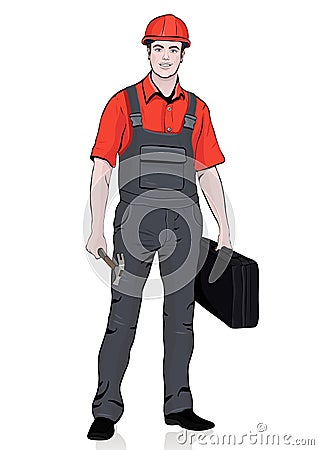 Builder standing front side, vector cartoon portrait male workman repairman, multicolor painted human in overalls, in working cove Vector Illustration