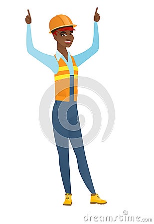 Builder standing with raised arms up. Vector Illustration