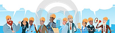 Builder Team Architect Mix Race Workers Chat Communication Bubble Talking Vector Illustration