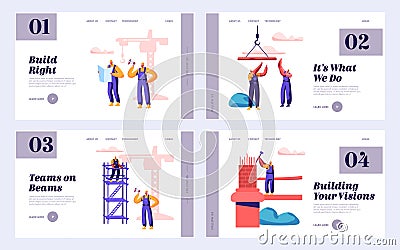 Builder Team Engineering Bridge with Construction Crane Set Landing Page. Architect with Hammer Build Gate. Worker Standing Ladder Vector Illustration