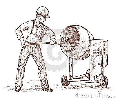 Builder Technician or Cement worker Engineer in the helmet make repairs. Construction Worker Man in vintage style Vector Illustration