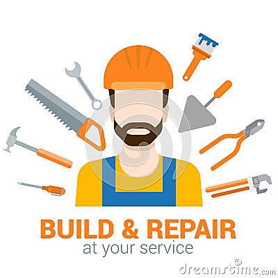 Builder with tools: build and repair flat vector construction Vector Illustration