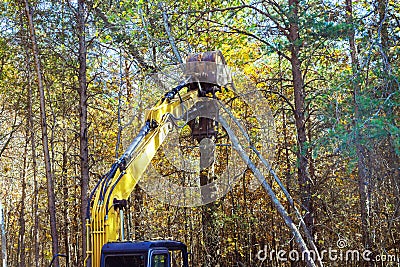 A builder uses tractor to uproot trees in preparation for construction Stock Photo